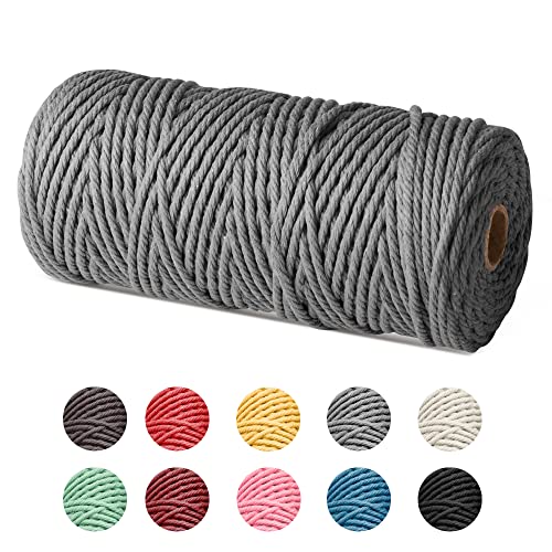 Czyan Makramee Garn 3mm x 100m Baumwollgarn Kordel Natur Baumwollkordel für Makramee DIY Handwerk Basteln Wand Aufhängung Pflanze Aufhänger Weben Dekoration (Grau) von Czyan