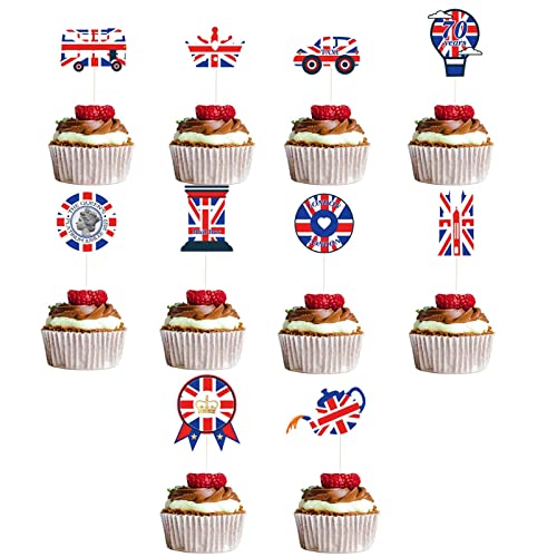 D A Queen's 70th Platinums Jubiläum Kuchendekorationen, 30 Stück Jubiläum Kuchenaufsätze, Union Jack British London Cupcake Toppers Party Supplies, Großbritannien patriotische Kuchenplektren von D/A