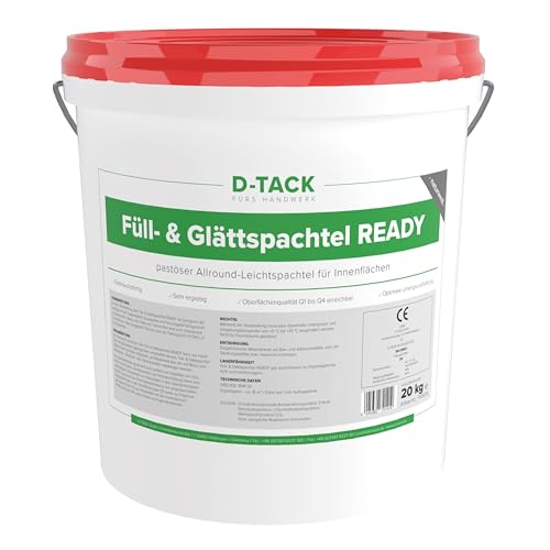 D-TACK Spachtelmasse Trockenbau | 20 kg gebrauchsfertig im Eimer | Glättspachtelasse im Innenbereich | Als Fülllspachtelmasse Q1-Q4 |Leichtspachtelmasse für Rigipsplatten & Gipskartonplatten von D-Tack