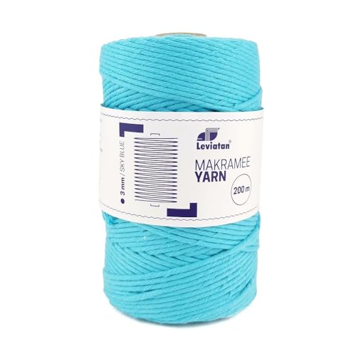 LEVIATAN - Natürliches Makramee Garn | 200m | Superweiche Schnur | 3mm Einfache Drehung | 100% Baumwolle | Perfekt für Basteln | Himmelblau von Leviatan