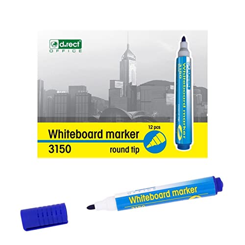 D.RECT 3150 Whiteboard Marker für Whiteboards und Flipcharts, abwischbar Glasboard Marker Rundspitze Blau 12 Stück von D.RECT