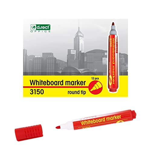 D.RECT 3150 Whiteboard Marker für Whiteboards und Flipcharts, abwischbar Glasboard Marker Rundspitze 12 Stück Rot von D.RECT