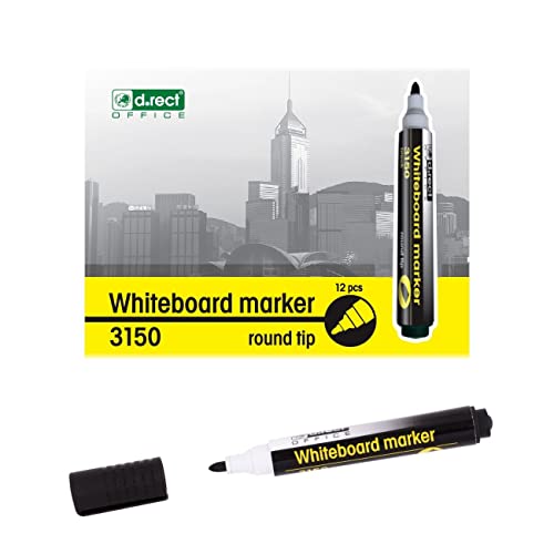 D.RECT 3150 Whiteboard Marker für Whiteboards und Flipcharts, abwischbar Glasboard Marker Rundspitze 12 Stück Schwarz von D.RECT