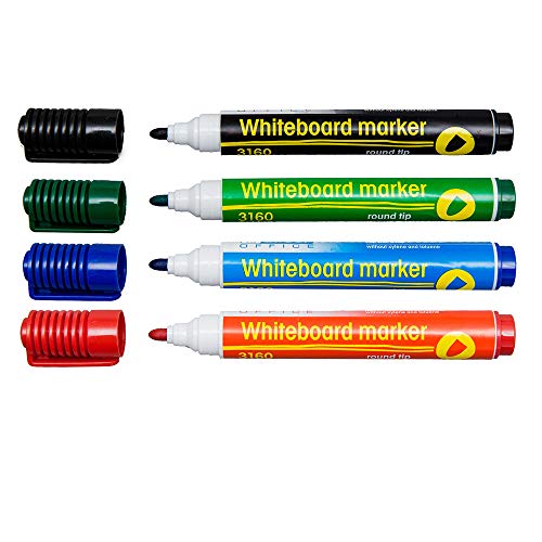 D.RECT 3160 Whiteboard Marker für Whiteboards und Flipcharts, abwischbar Glasboard Marker Rundspitze 4er Set (Blau, Schwarz, Rot, Grün) von D.RECT