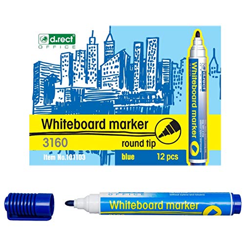 D.RECT 3160 Whiteboard Marker für Whiteboards und Flipcharts, abwischbar Glasboard Marker Rundspitze Schwarz x 12 Stück von D.RECT