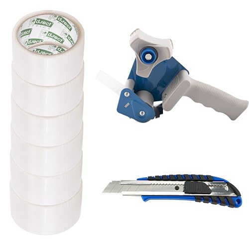 D.RECT Klebeband-Handabroller mit 6 transparenten Paketklebeband-Rollen 50m x 48mm inklusive 6 Rollen Packband, Cuttermesser Klinge 18mm mit gummiertem Griff, Transparent von D.RECT