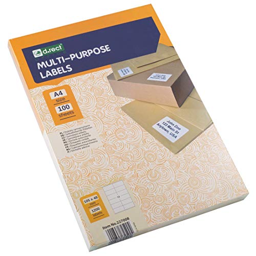 D.RECT Klebeetiketten Universal-Etiketten (105x48mm auf DIN A4) bedruckbar selbstklebend 100 Blatt/Packung 12 Etiketten/Blatt 1200 Stücke weiß von D.RECT