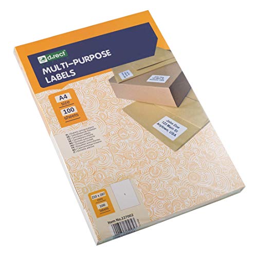 D.RECT Klebeetiketten Universal-Etiketten (210x297mm auf DIN A4) bedruckbar selbstklebend 100 Blatt/Packung 1 Etikette/Blatt 100 Stücke weiß von D.RECT