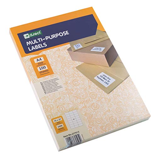 D.RECT Klebeetiketten Universal-Etiketten (70x37mm auf DIN A4) bedruckbar selbstklebend 100 Blatt/Packung 24 Etiketten/Blatt 2400 Stücke weiß von D.RECT