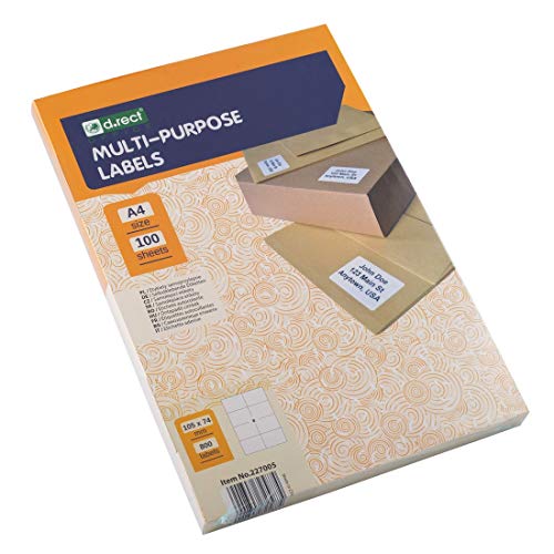 D.RECT - Universaletiketten (105x74mm auf DIN A4)| Selbstklebendes Druckerpapier | Klebeetiketten Zum Bedrucken | Aufkleber Bedruckbar | 100 Blatt/Packung 8 Etiketten/Blatt 800 Stücke | Weiß von D.RECT