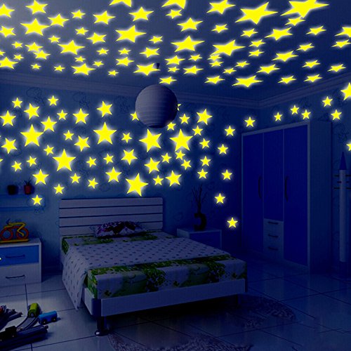 Wandsticker Leuchtaufkleber Sticker 100 Stück Leuchtsticker Wandtattoo Mond und Sterne Fluoreszierend Wandaufkleber, Leuchtstoff Aufkleber Für Kinderzimmer Dekorative (Gelb 3 #100pcs, One Size) von DACONGMING