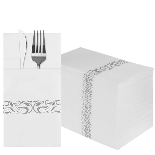 DADAWU Weiße Dinner-Servietten, Tisch-Servietten, Leinen-Haptik, Einweg-Servietten mit integrierter Bestecktasche, goldene Papierservietten für Party, Hochzeit (Silber,50) von DADAWU