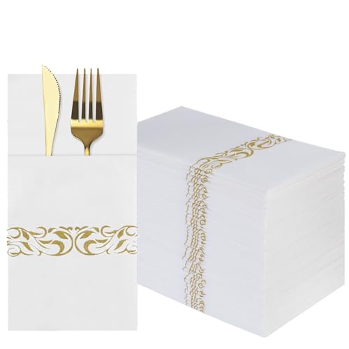 DADAWU Weiße Dinner-Servietten, Tischservietten, Leinen-Haptik, Einweg-Servietten mit integrierter Bestecktasche, goldene Papierservietten für Party, Hochzeit, 50 Stück von DADAWU