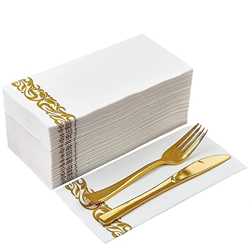 Weiße Servietten, Einweg-Handtücher, dekorative Badezimmer-Papierservietten, Leinen-Feel Gästehandtücher für Küche, Partys, Hochzeiten, Jubiläen, Abendessen oder Veranstaltungen (Gold,50) von DADAWU