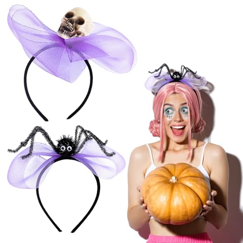 DADEA 2 Stück Totenkopf-Spinnen-Halloween-Stirnband, Einzigartige Halloween-Stirnbänder mit Gaze, Bequemer Halloween-Hut, Stilvolle Halloween-Accessoires,(purple skull spider-Lila) von DADEA