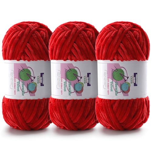 Amigurumi Häkelgarn mit 3 Knäueln, Chenille-Garn zum Häkeln und Handstricken, Deckengarn für Schals und Strickprojekte – Amigurumi-Häkelgarn (3 x 3,14 g, 3 x 87,5 m) (rot) von DAERBOF