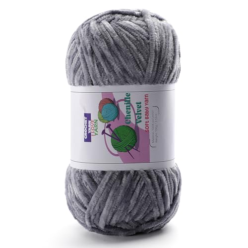 Dickes Chenille-Garn, flauschiges Samtgarn zum Häkeln, weiches, dickes, sperriges Garn zum Stricken und Herstellen von Kleidung, Mützen, Schals, Decken, Kissen (je 100 g, 200 m, Hellgrau) von DAERBOF