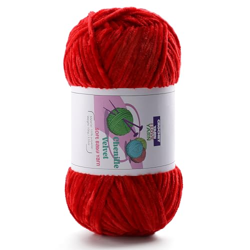 Dickes Chenille-Garn, flauschiges Samtgarn zum Häkeln, weiches, dickes, sperriges Garn zum Stricken und Herstellen von Kleidung, Mützen, Schals, Decken, Kissen (je 99 g, 196 m, großes Rot) von DAERBOF