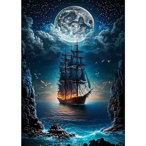 DAERLE 5D Diamant Painting Bilder Schiff Mond, Diamond Painting Landschaft, Diamond Painting Set für Erwachsene Mosaikherstellung, Diamant Malerei für Haus Dekoration 30x40cm von DAERLE