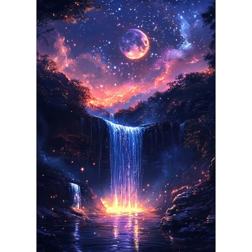 DAERLE 5D Diamond Painting Nacht und Wasserfall, Diamant Painting Bilder Heiteres Mondlicht, Diamond Art Erwachsene DIY Diamant Kunst Malerei Stickerei Set Kreuzstich für Home Wand Dekor 30x40cm von DAERLE