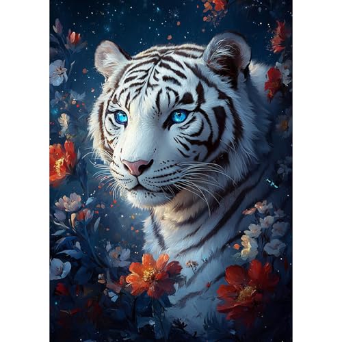 DAERLE 5D Diamond Painting Weißer Tiger, Diamant Painting Bilder Tiger mit Blume, Diamond Art Erwachsene DIY Diamant Kunst Malerei Stickerei Set Kreuzstich für Home Wand Dekor 30x40cm von DAERLE