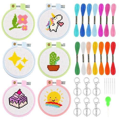 DAERLE 6 PCS Sticken Set Erwachsene, Stickset für Anfänger Heilung, Embroidery kit Enthält Stickrahmen, gemusterter Stoff, Nadeln, Einfädler, Schlüsselanhänger für Nähanfäng für DIY Kunst Handwerk von DAERLE