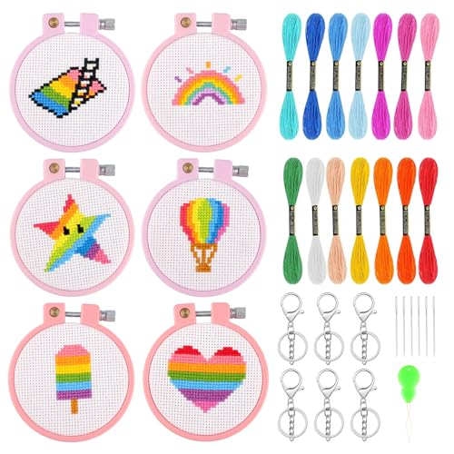 DAERLE 6 PCS Sticken Set Erwachsene, Stickset für Anfänger Regenbogen, Embroidery kit Enthält Stickrahmen, gemusterter Stoff, Nadeln, Einfädler, Schlüsselanhänger für Nähanfäng für DIY Kunst Handwerk von DAERLE