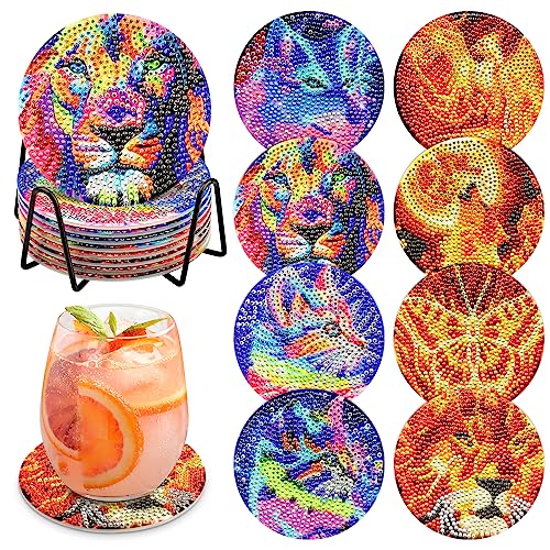 DAERLE 8 STK Diamond Painting Untersetzer mit Halter, Diamond Art Untersetzer, Rund Tier Untersetzer Diamond Painting Set Katze Diamant Painting Bilder Untersetzer Set für Gläser Weingläser Vasen von DAERLE