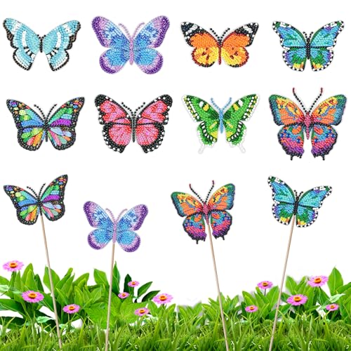 DAERLE 8PCS Diamant Painting Kits Schmetterling, Diamond Painting bunte Schmetterling Ornamente für Garten Dekor, 5D Diamant Malerei Kunst komplett DIY Kit mit Holzstäbchen und Saugnäpfe von DAERLE