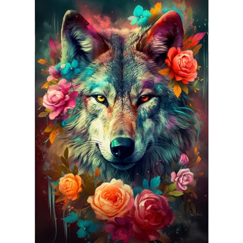 DAERLE DIY Diamond Painting Bunter Wolf, 5D Diamant Painting Bilder Wolf mit Blumen, Diamant Malerei Cross Stitch Stickerei Kunsthandwerk Set für Erwachsene, Wanddekorationen für Zuhause 30x40cm von DAERLE