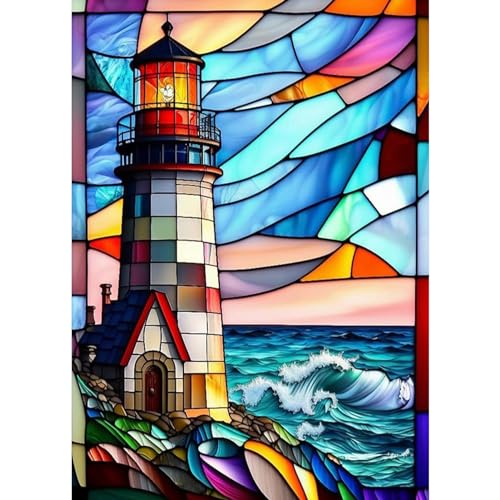 DAERLE DIY Diamond Painting Leuchtturm, 5D Diamant Painting Bilder Buntes Glasfenster, Diamant Malerei Cross Stitch Stickerei Kunsthandwerk Set für Erwachsene, Wanddekorationen für Zuhause 30x40cm von DAERLE