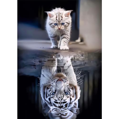 DAERLE DIY Katze und Tiger Diamond Painting Erwachsene Kinder, Diamant Painting Bilder Katze Spiegelung, 5D Diamant Kunst Diamant Malerei Set Cross Stickerei Malerei Kits für Heimdekor 30x40cm von DAERLE