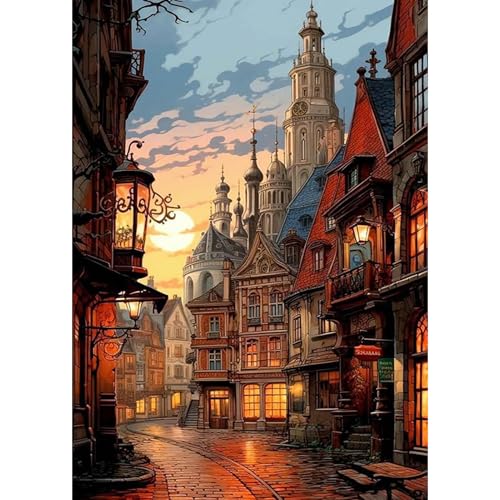 DAERLE Diamant Painting Bilder für Erwachsene Nachthimmel, 5D Diamond Painting Straße in der Altstadt, DIY Strass Bilder Diamant Kunst Kits, Diamant Painting für Home Wand Décor 30x40 cm Landschaft von DAERLE