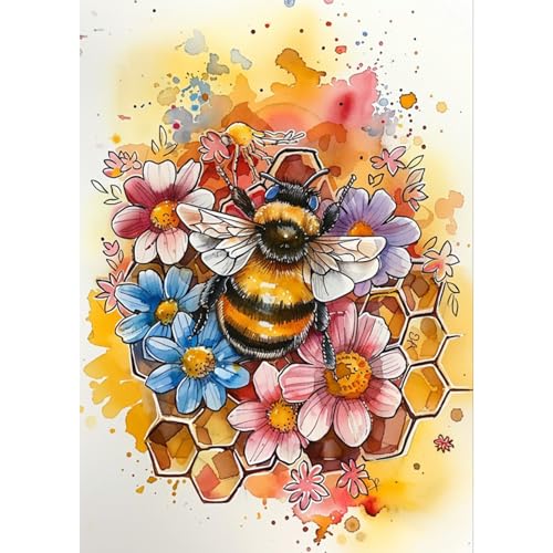 DAERLE Diamond Painting Aquarell Hummel, Diamant Painting Bilder Biene mit Blume, DIY Diamant Vollbild, Malen Nach Zahlen Erwachsene, 5D Diamant Painting für Wand Dekoration 30x40cm von DAERLE