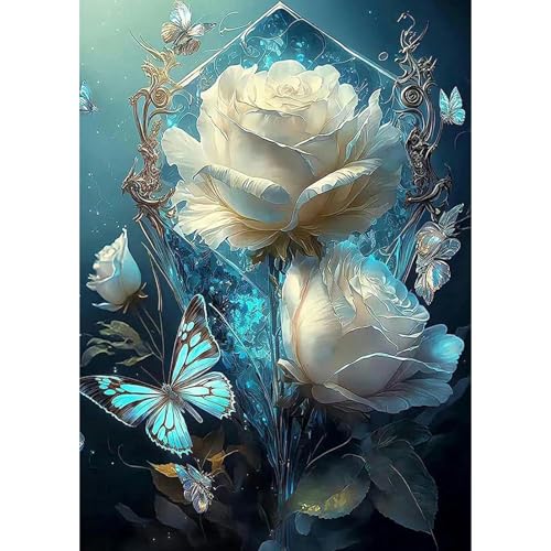 DAERLE Diamond Painting Blauer Schmetterling Blume, Diamond Painting Erwachsene, Diamant Painting Bilder Weiße Rose, DIY 5D Diamond Painting Set für Wand Dekor 30x40cm von DAERLE