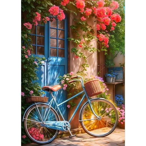 DAERLE Diamond Painting Fahrrad Landschaft, Diamant Painting Bilder Altes Fahrrad Blumen Straße, DIY Diamant Vollbild, Malen Nach Zahlen Erwachsene, 5D Diamant Painting für Wand Dekoration 30x40cm von DAERLE