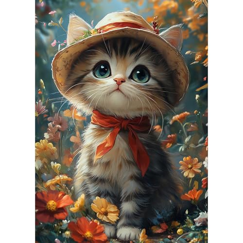 DAERLE Diamond Painting Kits für Erwachsene, Fantasie Katze, 5D Niedliche flauschige Katze mit Blume Diamant Malerei Set, DIY Diamantmalerei Basteln Bilder Arts für Home Wand Décor 30x40cm von DAERLE