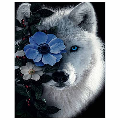 DAERLE Diamond Painting Set Wolf Diamant Painting Bilder 5D Diamant Painting Painting Kinder DIY malen nach Zahlen Erwachsene Runden Diamanten Dekoration und Geschenk 30x40cm Wolf und Blaue Blume von DAERLE