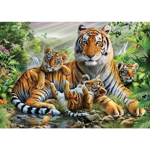 DAERLE Diamond Painting Tiger und Jungtiere, 5D Diamond Painting Erwachsene Wildes Tier Kits, Diamond Painting Set für Wohnzimmer Schlafzimmer Büro Wand Dekoration 40x30cm von DAERLE