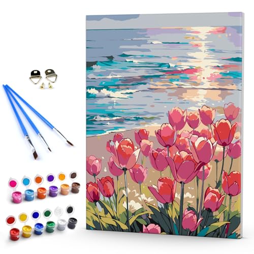 DAERLE Gerahmt Malen Nach Zahlen Erwachsene Bunte Blütentrauben, DIY Handgemalt Ölgemälde Leinwand Kits Tulpen, Anfänger Paint by Numbers Malen Nach Zahlen zur Heimdekoration 30x40cm von DAERLE