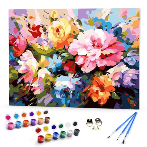 DAERLE Gerahmt Malen Nach Zahlen Erwachsene Bunte Blumen, DIY Handgemalt Ölgemälde Leinwand Kits Bündel von Blumen, Anfänger Paint by Numbers Malen Nach Zahlen zur Heimdekoration 40x30cm von DAERLE