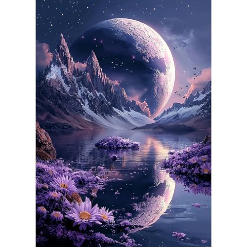 DAERLE Mond Lila Himmel Diamant Painting Bilder für Erwachsene Anfänger, 5D Landschaft Diamond Painting Set, DIY Strass Bilder Diamant Kunst Kits, Diamant Painting für Zuhause Dekor 30x40 cm von DAERLE