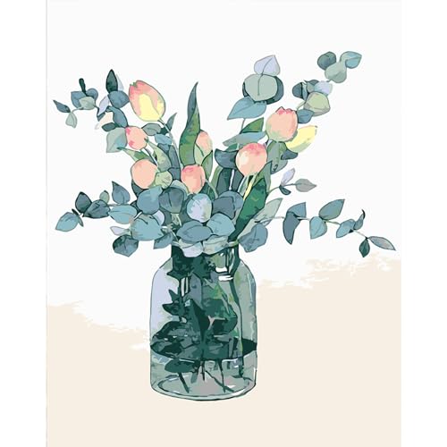 DAERLE Vase Pflanze Malen nach Zahlen Erwachsene, Aquarell Blume Ölgemälde DIY Handgemalt Ölgemälde Kits mit Pinseln für Wandkunst Dekoration Home Haus Deko 30x40cm Ohne Rahmen von DAERLE