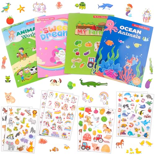 DAGORD 4 Stück Wiederverwendbare Sticker Kinder Stickerbücher Kleinkinder von Bauernhof Meerestiere Tierwelt Einhorn - Spielzeug Sticker Wasserfest Stickerbuch für Kinder ab 3 Jahre Mädchen Jungen von DAGORD