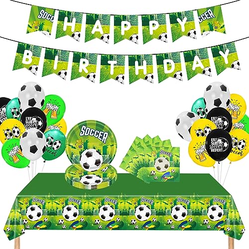 DAGORD Fussball Party Geburtstag Deko Jungen Geburtstagsparty Zubehör Set mit Teller Tischdecke Serviette Happy Birthday Banner Luftballons Kindergeburtstag Fussball Partyzubehör für 10 Gäste von DAGORD