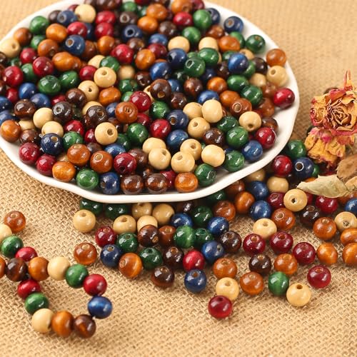 DAHI 1000pcs holzperlen in bunt vintage holzkugeln 8mm gemischte Holz perlen mit Loch bastelnperlen für DIY Schmuck Herstellung (bunt-8mm) von DAHI