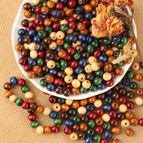 DAHI 500pcs holzperlen in bunt vintage holzkugeln 10mm gemischte Holz perlen mit Loch bastelnperlen für DIY Schmuck Herstellung (bunt-10mm) von DAHI