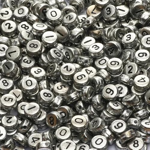 DAHI 800pcs Zahlenperlen silber Nummerperlen zum Auffädeln Mix 0-9 rund 7mm rund Perlen für DIY-Schmuck und DIY-Projekte (4 * 7 silver) von DAHI