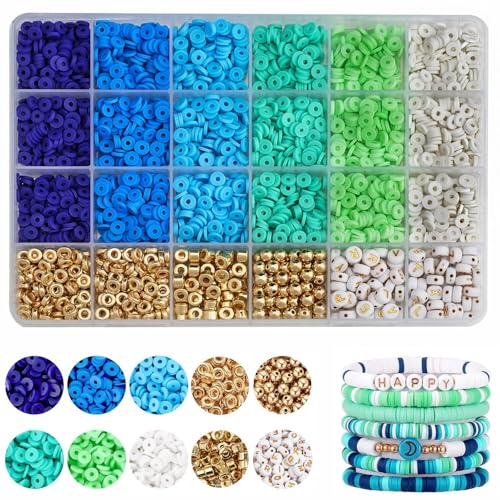 DAHI Clay Perlen zum Auffädeln Heishi Perlen Bunte Basteln Beads Set für Schmuckherstellung, Armband, Halskette (blue) von DAHI