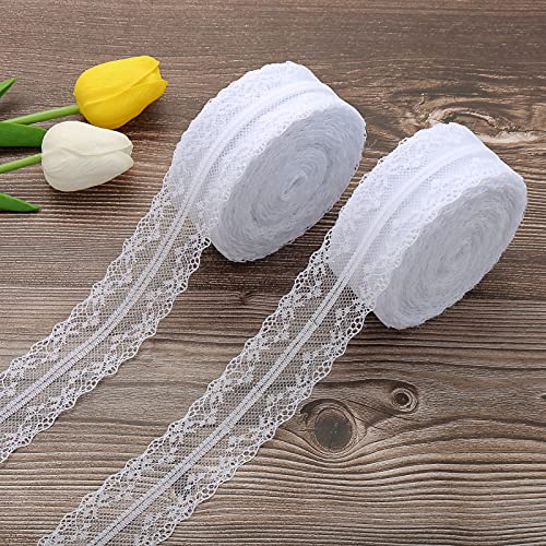 DAHI spitzenband 50 meter weiß Vintage 4cm Breite - Spitzenbordüre Zum Nähen für Hochzeit Tischdeko Basteln Geschenkband Kraftpapier (weiß) von DAHI